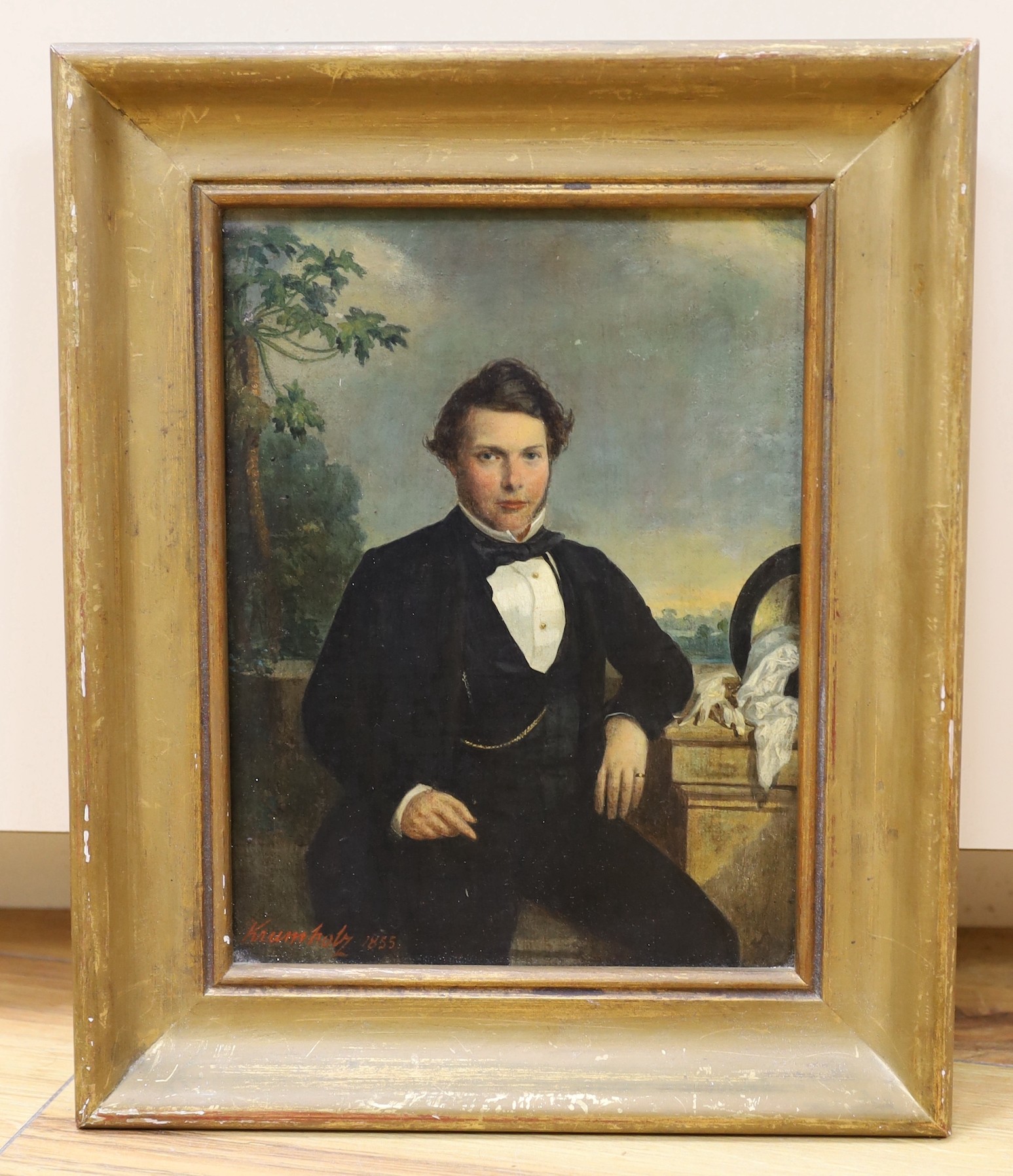 After Ferdinand Krumholz (1810-1878), oil over a printed base, Portrait of a gentleman, signed and dated, 1855, 23 x 17cm